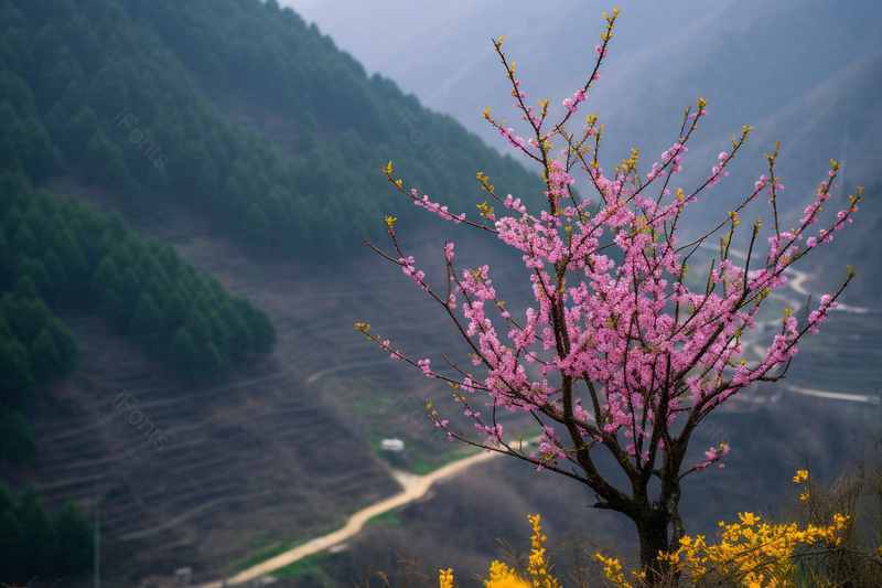 美景高山上一株桃树盛开桃花,高清,摄影图,摄影图片,图片大全,摄影图免费下载
